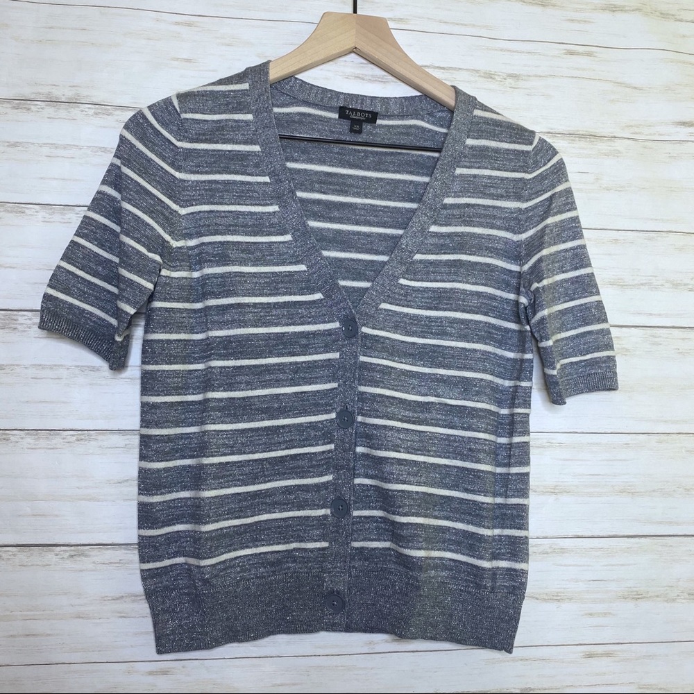 Talbots Gray Striped Shimmer Lightweight Short Sleeve Vneck Cardigan Sweater XS